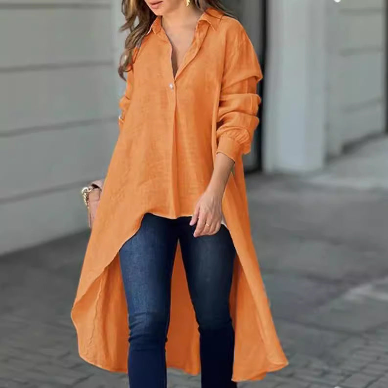Damen Leichte Leinen‑Tunika‑Bluse mit asymmetrischem High‑Low‑Schwanz und Hemdkragen Drune