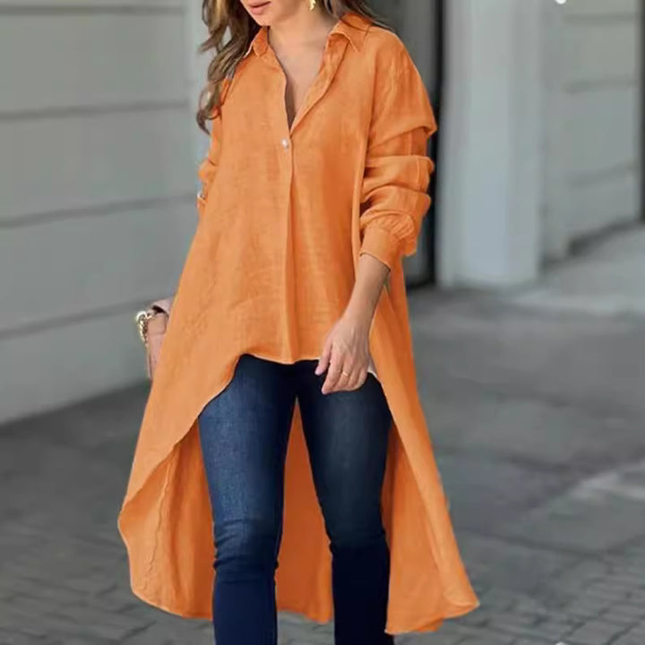 Damen Leichte Leinen‑Tunika‑Bluse mit asymmetrischem High‑Low‑Schwanz und Hemdkragen Drune