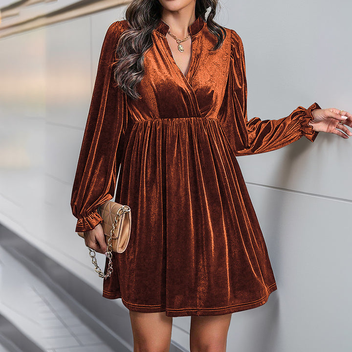Damen Elegantes Samtkleid mit V-Ausschnitt und langen Ärmeln Drune