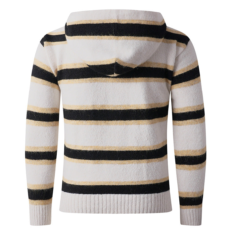 Herren Flauschige Kapuzen‑Strickjacke mit Doppelreißverschluss, Rippbündchen und horizontalem Streifenmuster Drune
