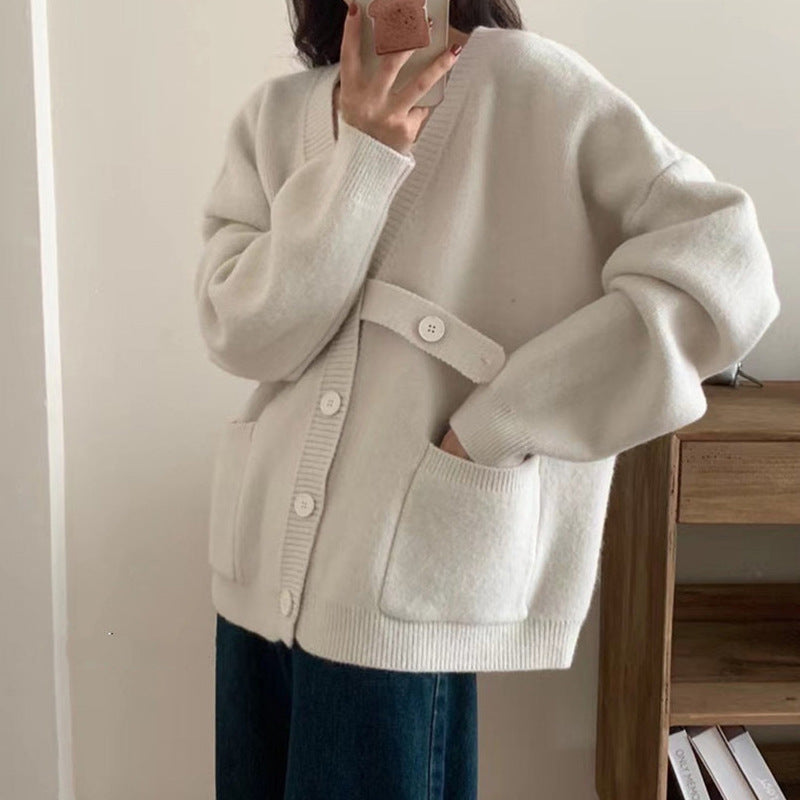 Damen Oversized Strickjacke mit großen Taschen und Knopfdetails Drune