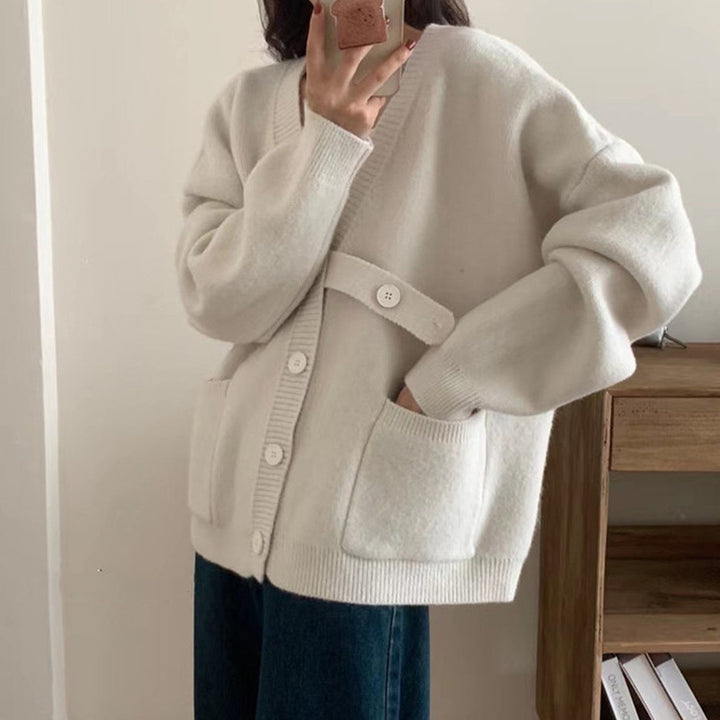 Damen Oversized Strickjacke mit großen Taschen und Knopfdetails Drune