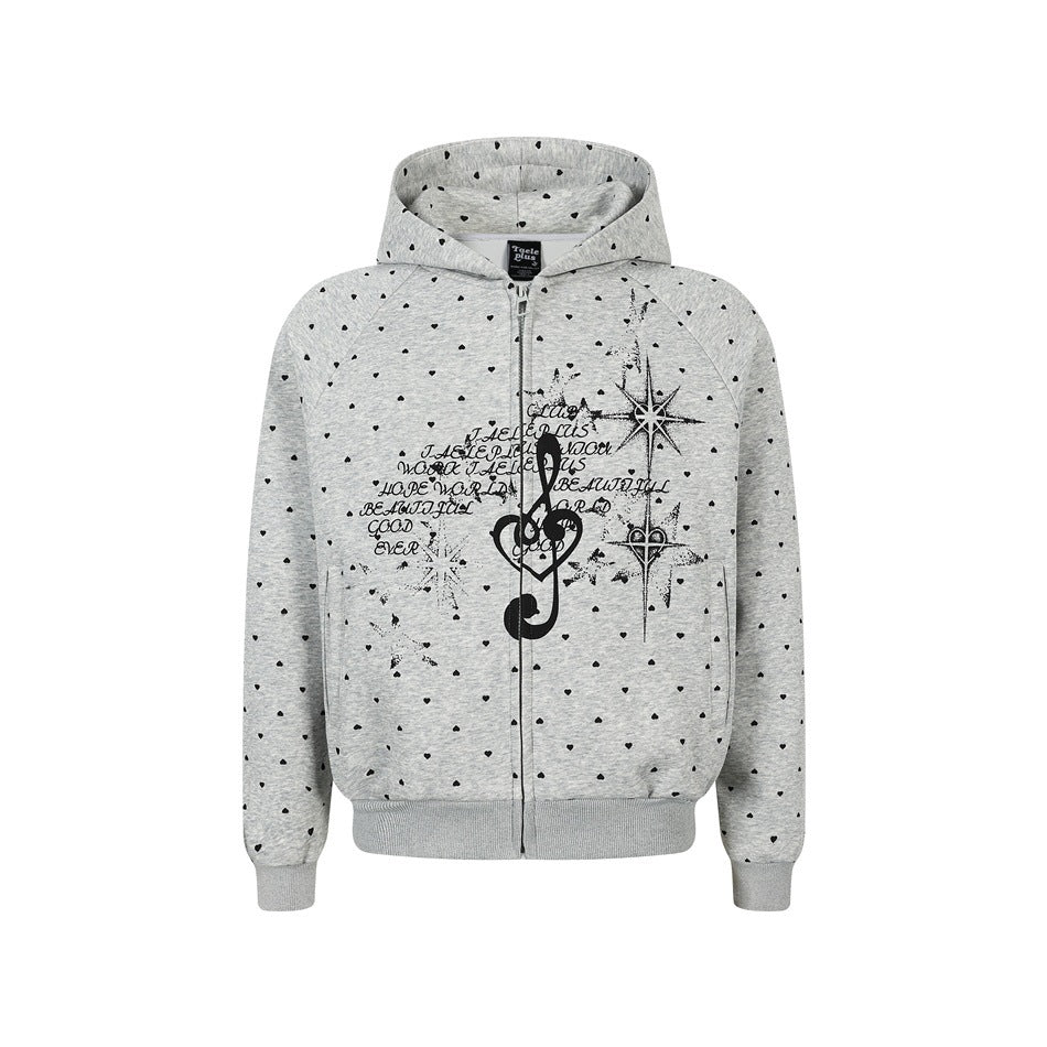 Damen Zip‑Hoodie im Herz-Allover mit Notenschlüssel‑Print und Kängurutaschen Drune