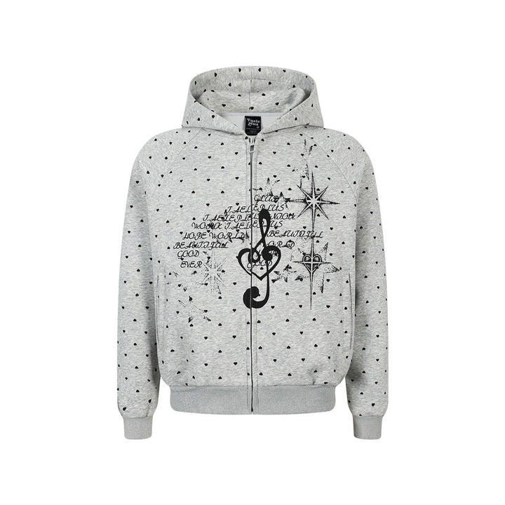 Damen Zip‑Hoodie im Herz-Allover mit Notenschlüssel‑Print und Kängurutaschen Drune