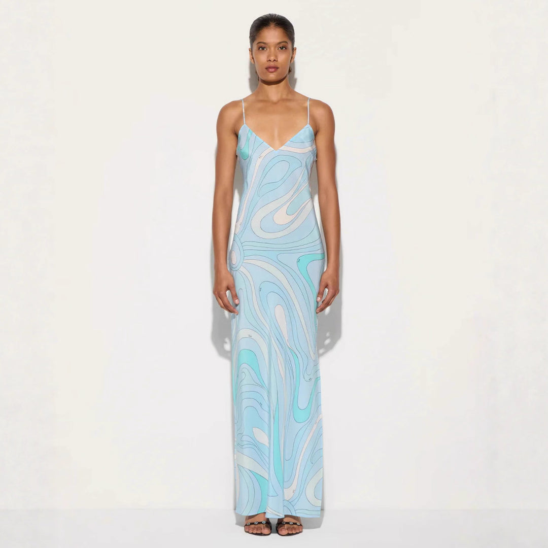Damen nan elegantes Slip-Maxikleid mit V-Ausschnitt, filigranen Spaghettiträgern und retro-grafischem Allover-Print Drune