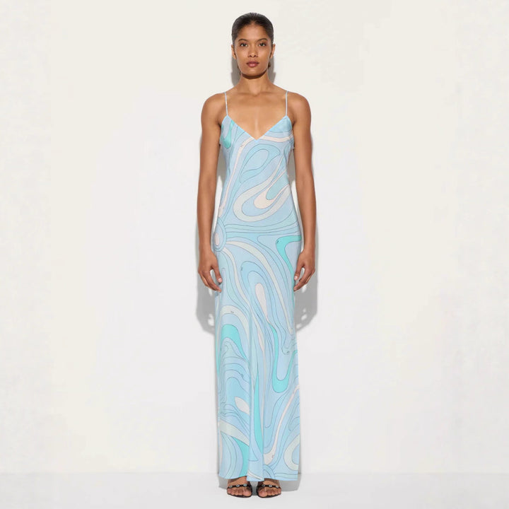 Damen nan elegantes Slip-Maxikleid mit V-Ausschnitt, filigranen Spaghettiträgern und retro-grafischem Allover-Print Drune