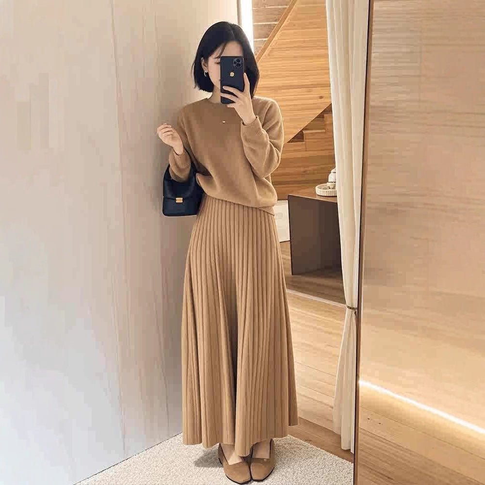 Damen Oversize-Strickpullover und plissierter Maxi-Rock Set Drune