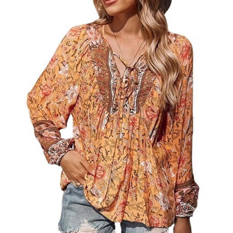 Damen Boho-Bluse mit floralem Print, V‑Ausschnitt mit Bindeband und Plissée-Details Drune