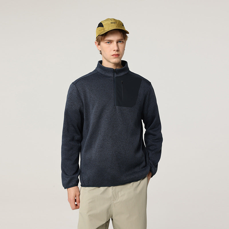 Herren Fleece-Halbzip-Pullover mit Stehkragen, Brustreißverschlusstasche und Relaxed-Fit Drune