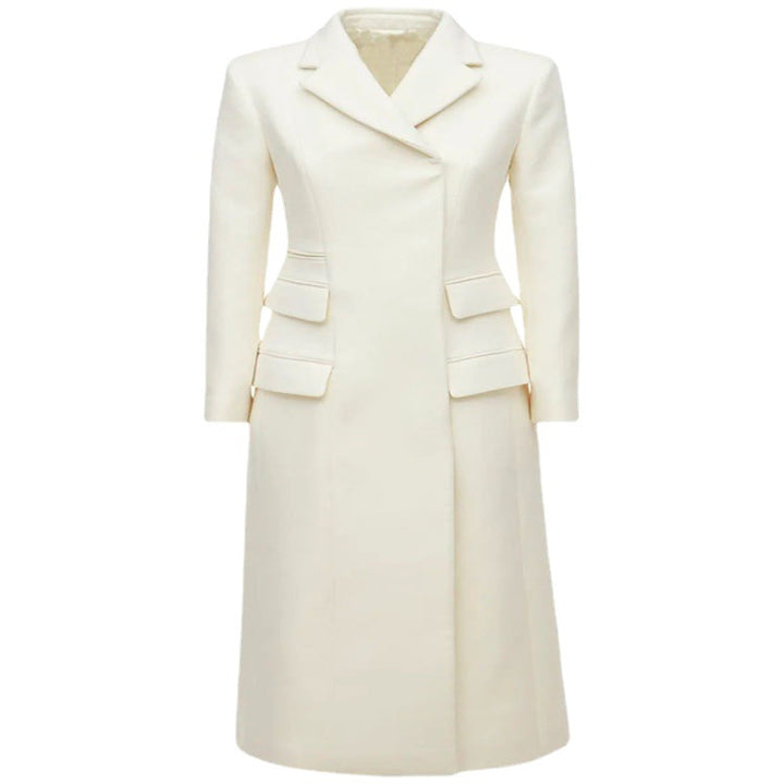 Damen Langmantel im minimalistischen Blazer‑Stil mit verdeckter Knopfleiste und dreifacher Pattentasche Drune