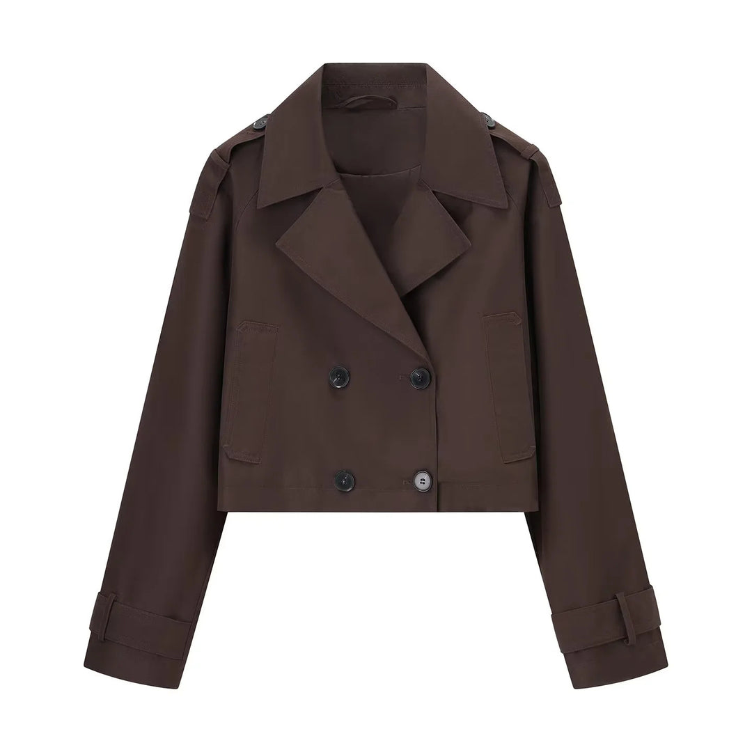 Damen nan kurzgeschnittener Cropped‑Trenchcoat mit doppelreihiger Knopfleiste und Schulterklappen Drune
