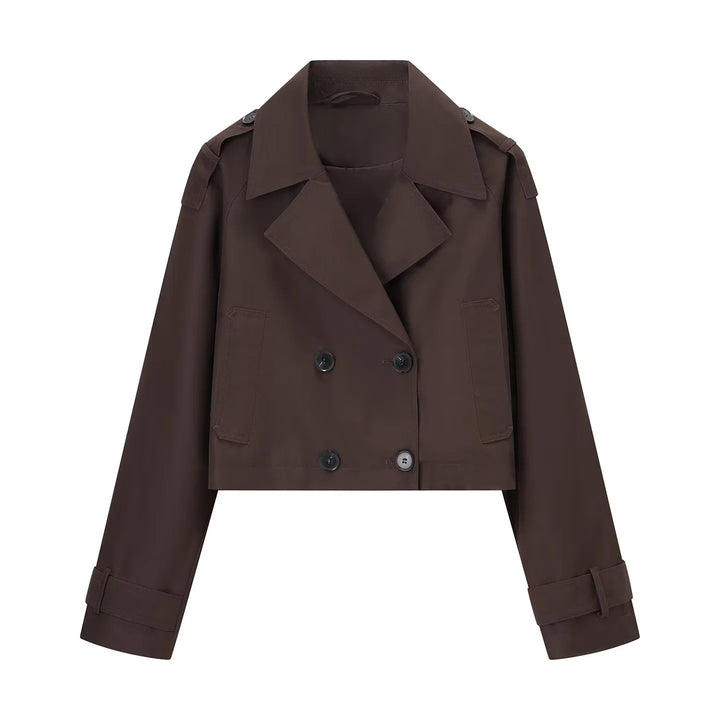 Damen nan kurzgeschnittener Cropped‑Trenchcoat mit doppelreihiger Knopfleiste und Schulterklappen Drune