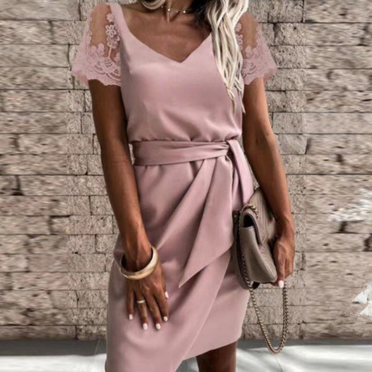 Damen Elegantes Kleid mit Spitzenärmeln und Wickelgürtel Drune
