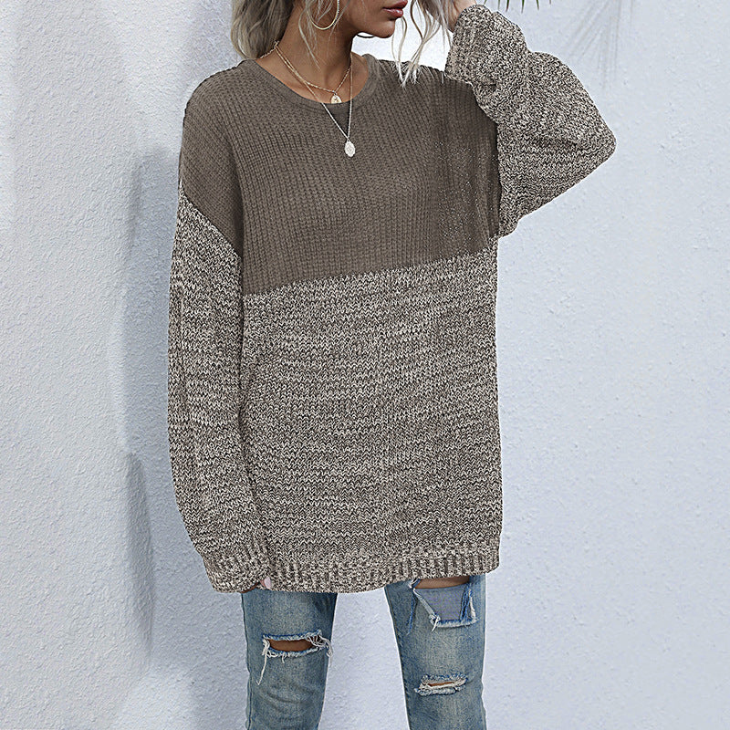 Damen Oversize Strickpullover mit Colorblock-Optik, rundem Ausschnitt und melierter Strukturstrick Drune
