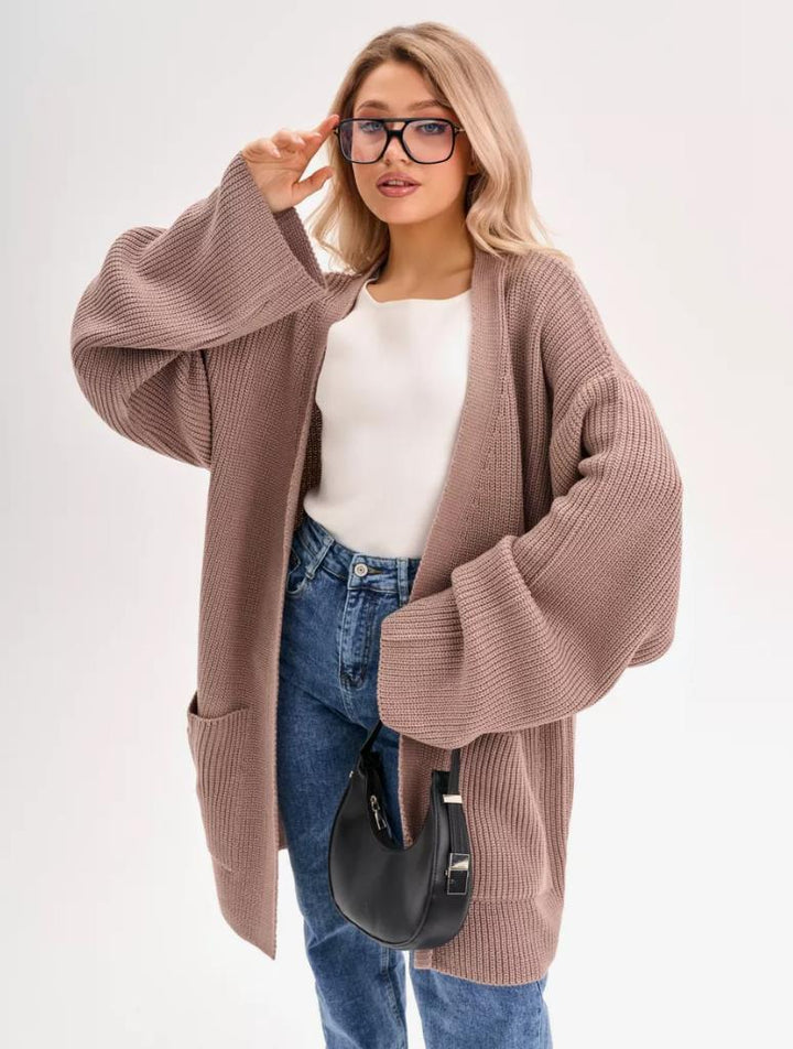 Damen kuscheliger langer Strickcardigan mit weiten Ärmeln und praktischen Taschen Drune