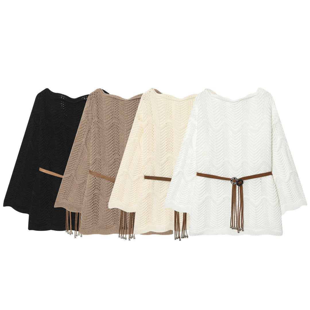 Damen nan gestricktes Poncho-Cape mit dekorativem Lederbandgürtel Drune