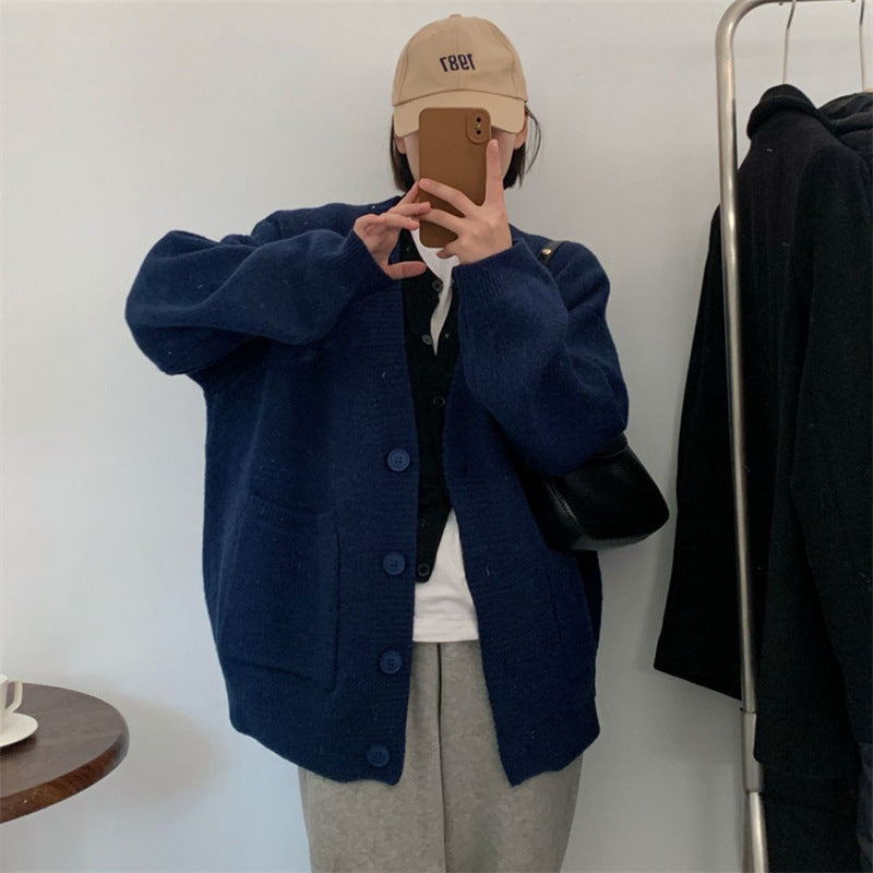 Damen kuschelige Strickjacke mit großen Taschen und durchgehendem Knopfverschluss Drune