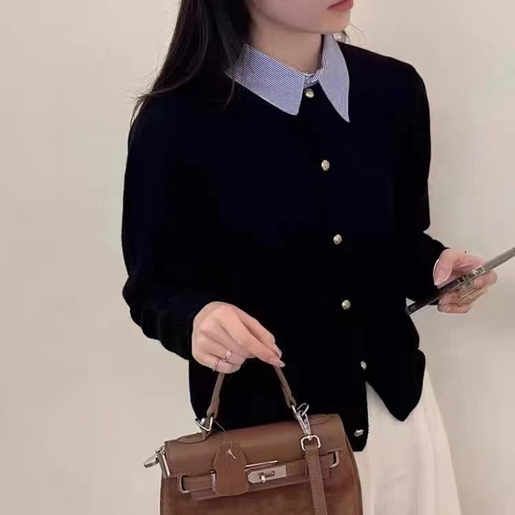Damen Strickjacke mit kontrastierendem Kragen und eleganten Knopfdetails Drune