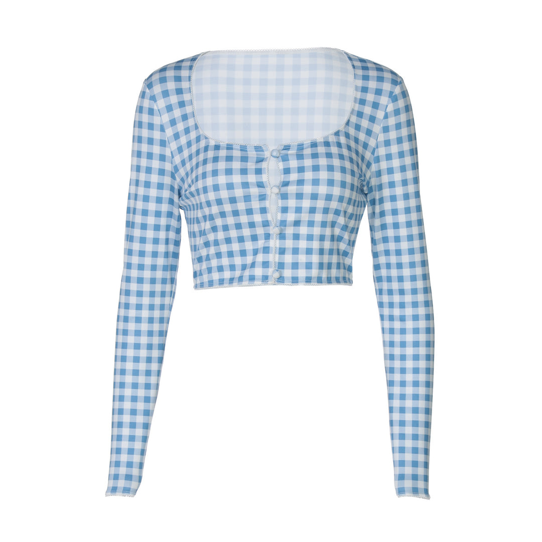 Damen cropped Langarmbluse mit Karomuster Drune