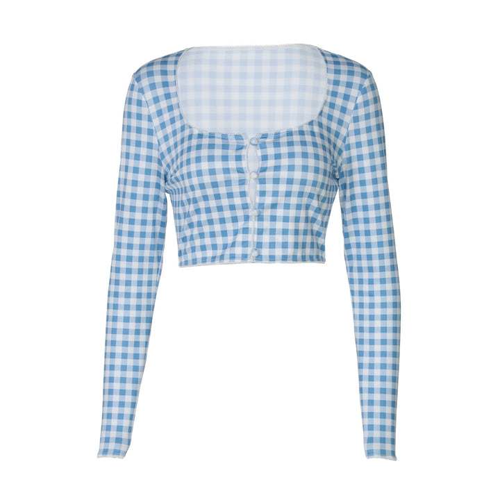 Damen cropped Langarmbluse mit Karomuster Drune
