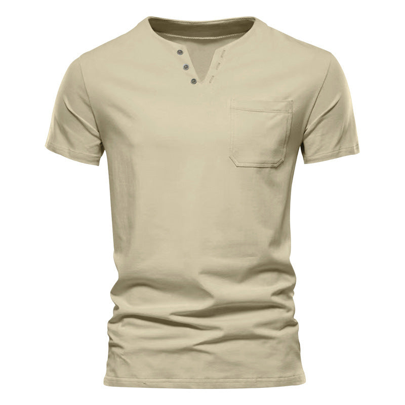 Herren nan tailliertes Kurzarm-Henleyshirt mit Brusttasche und asymmetrischer Knopfleiste Drune