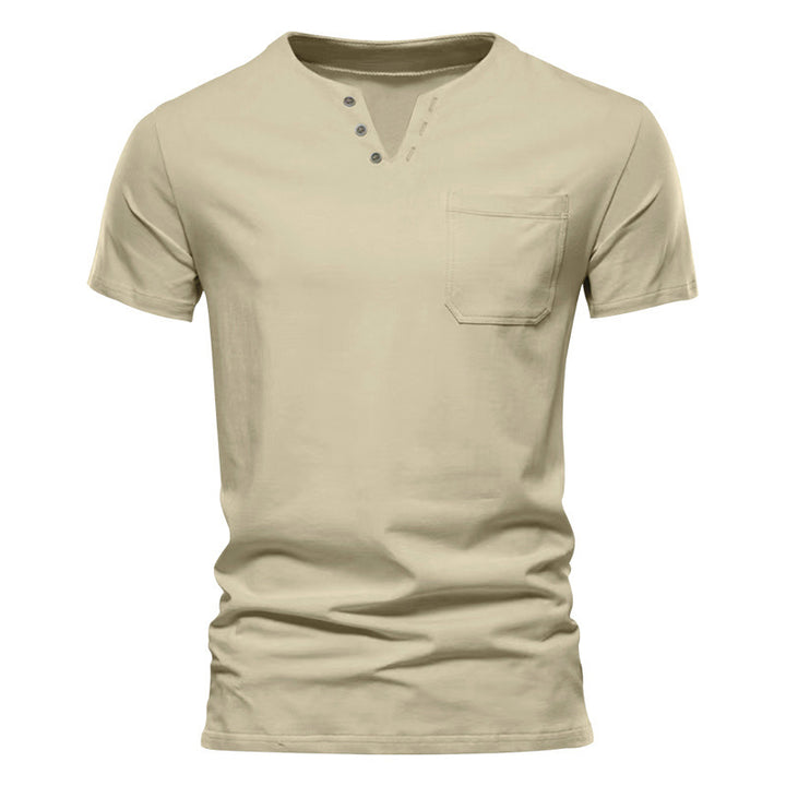 Herren nan tailliertes Kurzarm-Henleyshirt mit Brusttasche und asymmetrischer Knopfleiste Drune