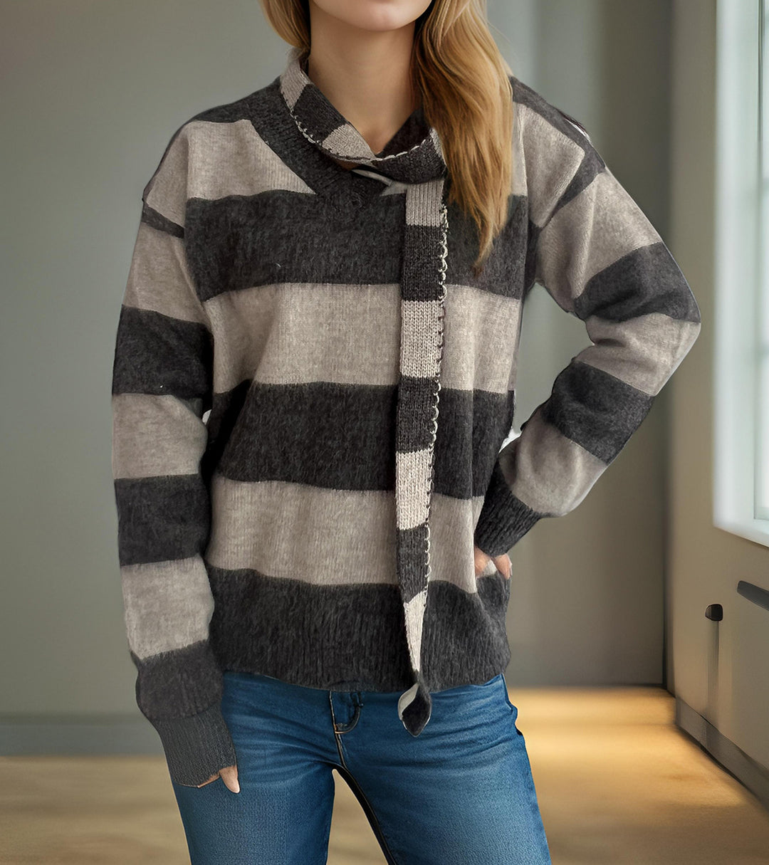 Damen lässiger Strickpullover mit besonderen Schlaufenakzenten Drune