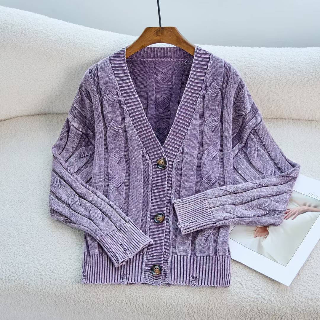 Damen lässiger Strickcardigan mit Zopfmuster und umgeschlagenen Ärmeln Drune