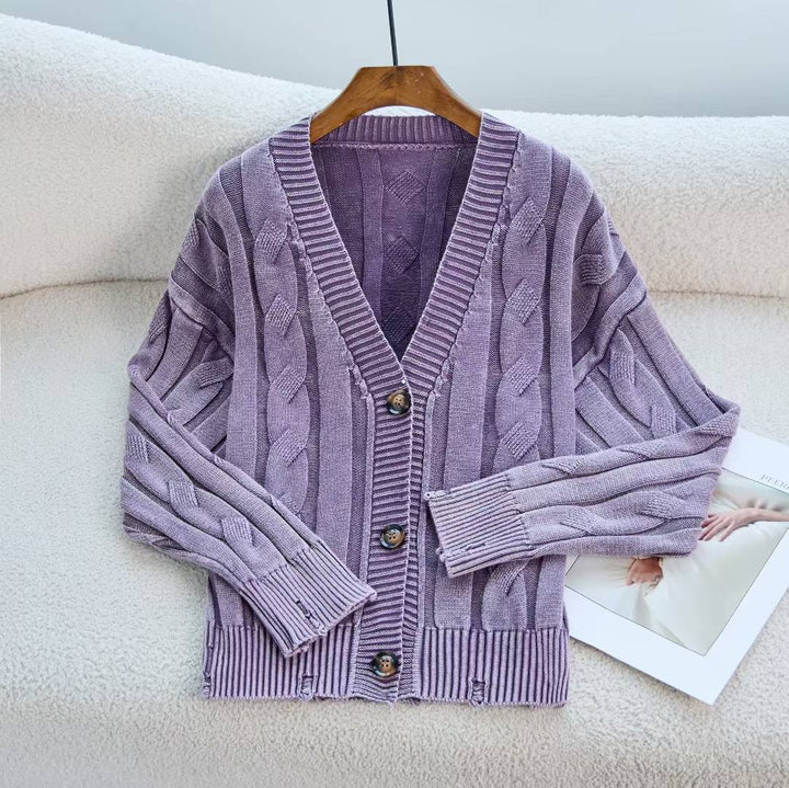 Damen lässiger Strickcardigan mit Zopfmuster und umgeschlagenen Ärmeln Drune