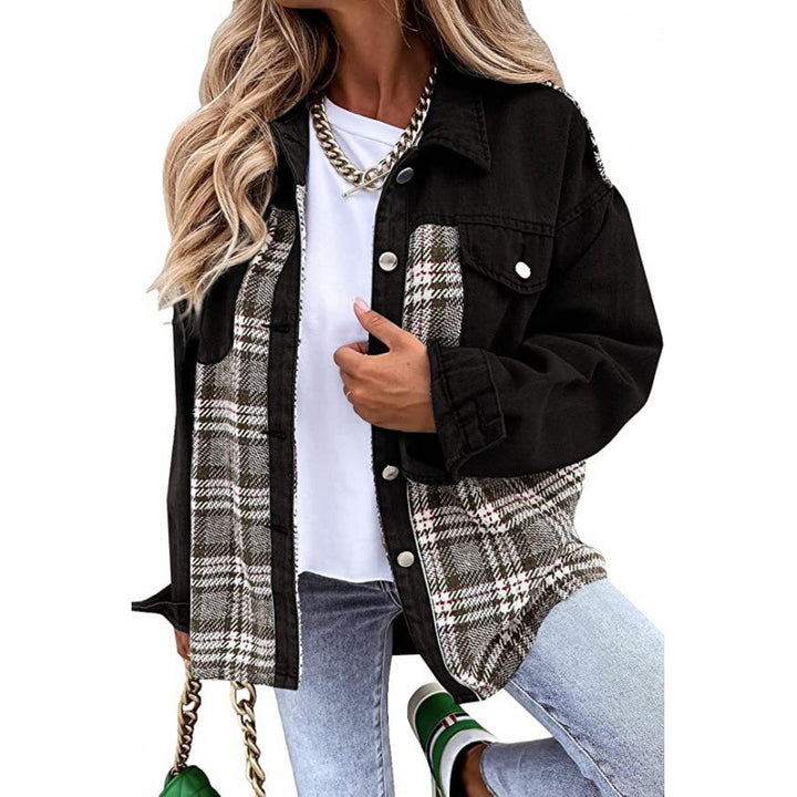 Damen Karomuster Denimjacke mit lässigem Schnitt und modernen Details Drune
