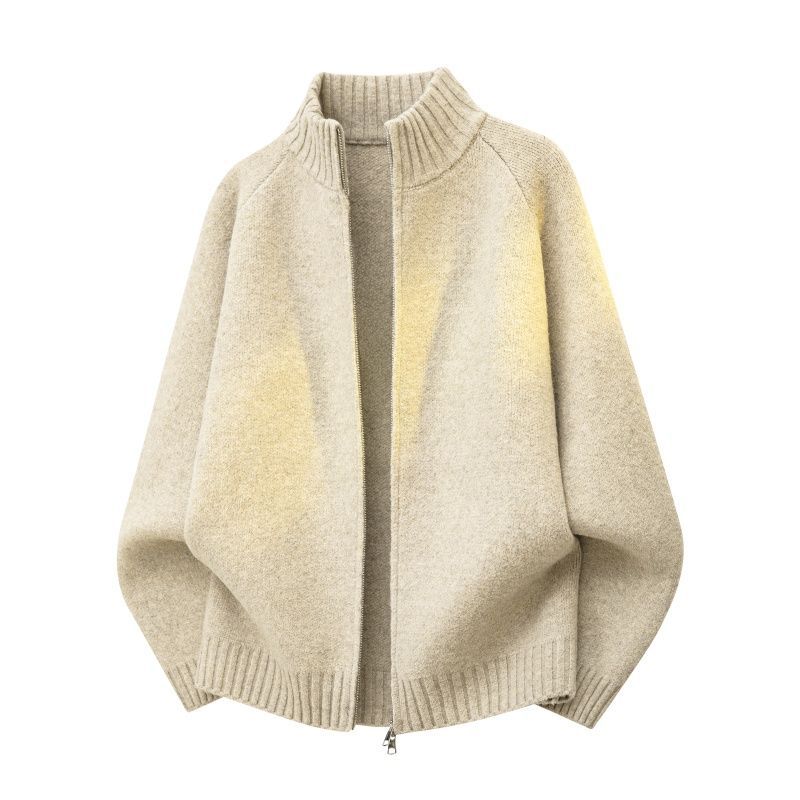 Damen Oversize Teddy-Strick-Cardigan mit Stehkragen, Rippsäumen & Zwei-Wege-Reißverschluss Drune