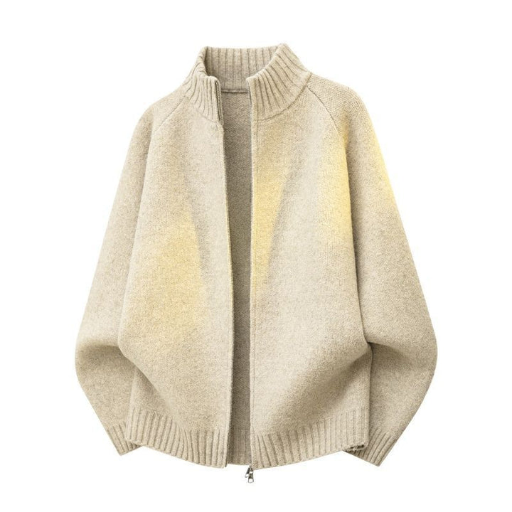 Damen Oversize Teddy-Strick-Cardigan mit Stehkragen, Rippsäumen & Zwei-Wege-Reißverschluss Drune