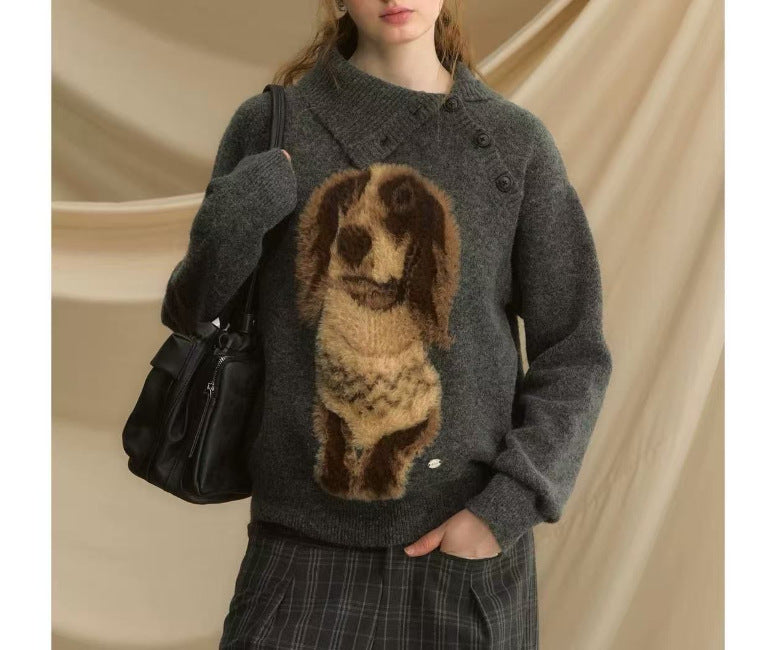 Damen Strickpullover mit tierischem Motiv und hochgeschlossenem Kragen Drune