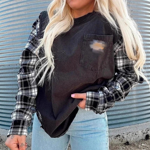 Damen nan Oversize-Sweatshirt im Materialmix mit Karoärmeln und aufgesetzter Brusttasche Drune