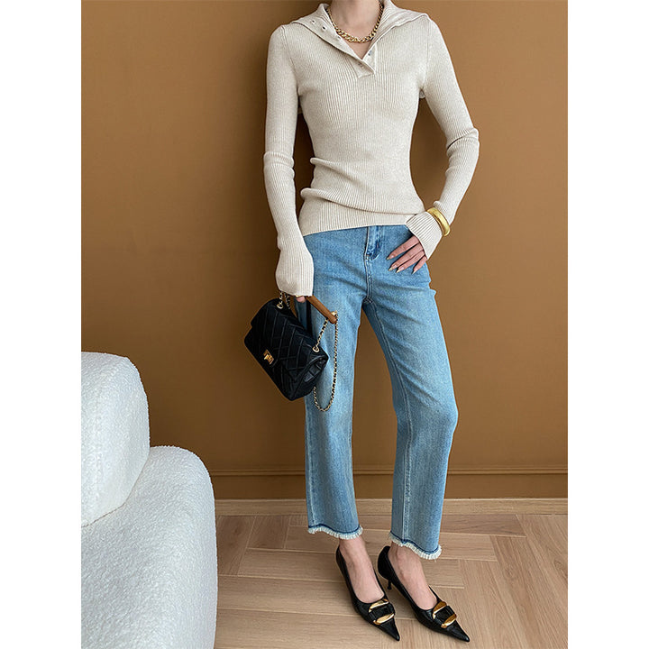 Damen elegantes Langarmshirt mit Knopfleiste Drune