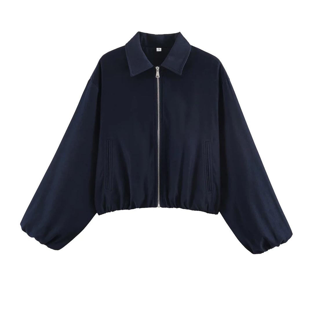 Damen nan Cropped Bomberjacke mit durchgehendem Reißverschluss, weitem Ballonärmeln und elastischem Saum Drune