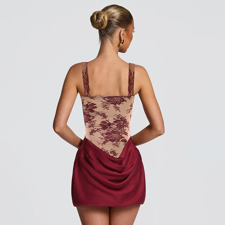 Damen Glamouröses Mini-Kleid mit Spitzen-Oberteil und gerafftem Rock Drune