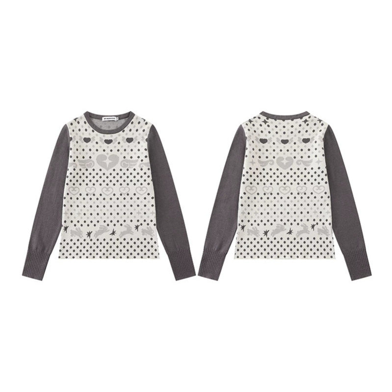 Damen Feinstrick-Pullover mit Jacquard-Motiv, Rundhalsausschnitt und Kontrastärmeln Drune