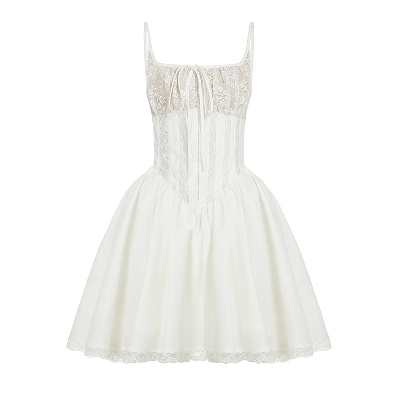 Damen elegantes Spitzenkleid mit niedlichen Rüschendetails Drune