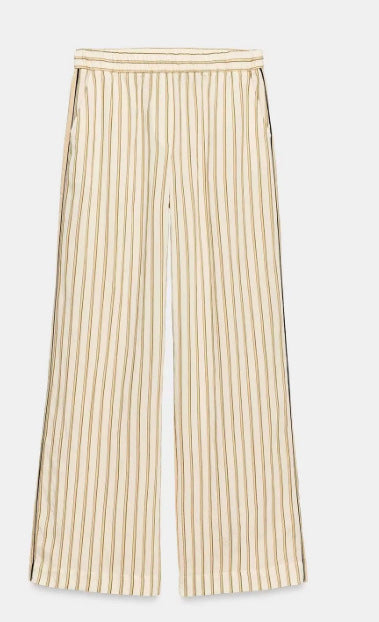 Damen Weite High‑Waist Palazzohose mit vertikalem Streifenmuster und elastischem Bund Drune