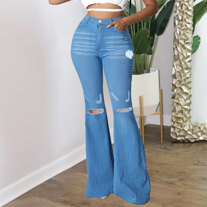 Damen Hochtaillierte Schlaghose aus Stretch‑Denim mit Knieausrissen und formendem Bund Drune