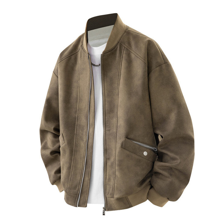 Herren Velours-Optik Bomberjacke im Boxy‑Cut mit Rippkragen, Frontreißverschluss & kombiniertem Zipper-/Klappenfach Drune