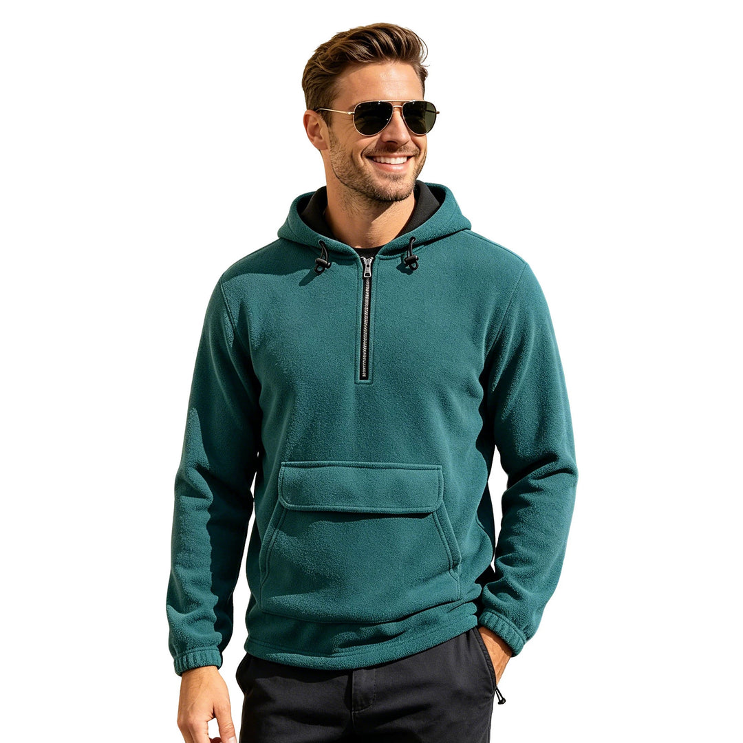Herren Fleece-Hoodie mit halbem Reißverschluss, Kängurutasche und verstellbarer Kapuze Drune