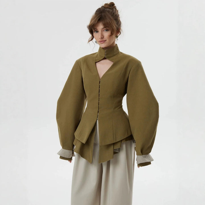 Damen taillierte Jacke mit Stehkragen, Cut-Out und Ballonärmeln Drune
