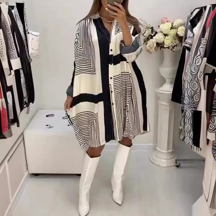 Damen nan knieumspielendes A-Linien-Hemdblusenkleid mit grafischem Linienprint, verdeckter Knopfleiste und oversized Manschetten Drune