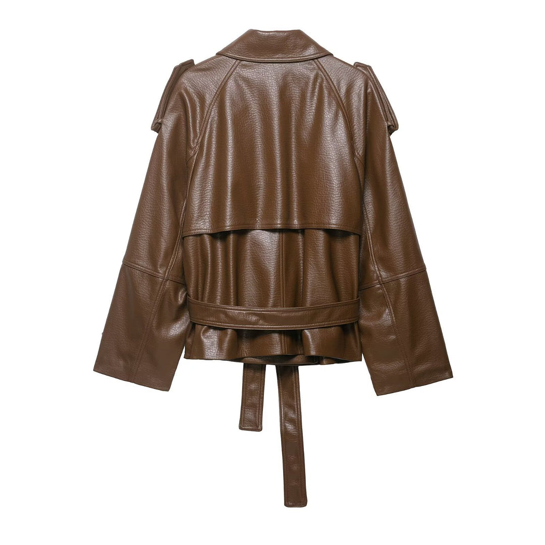 Damen Leder-Trenchcoat mit Bindegürtel, Schulterklappen und oversized Kragen Drune