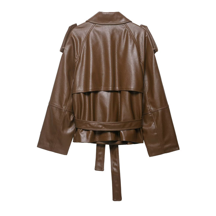 Damen Leder-Trenchcoat mit Bindegürtel, Schulterklappen und oversized Kragen Drune