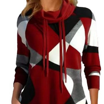 Damen Geometrischer Kapuzenpullover mit Kordelzug, Longline-Schnitt und Seitentaschen Drune
