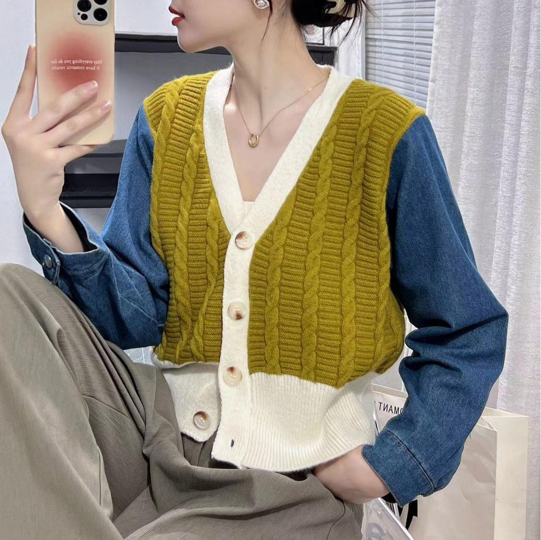 Damen Modischer Strickcardigan mit Denim-Ärmeln Drune