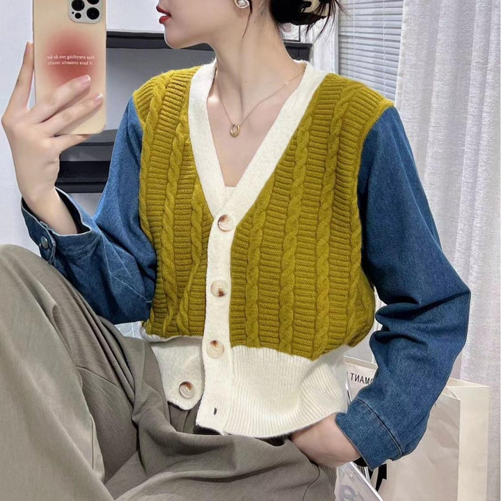Damen Modischer Strickcardigan mit Denim-Ärmeln Drune